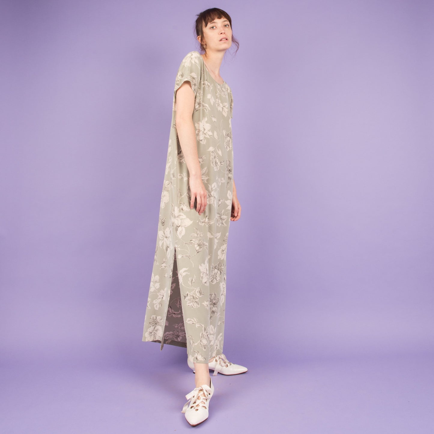 Vintage Mint + Creme Floral Silk Maxi Dress (S/M)