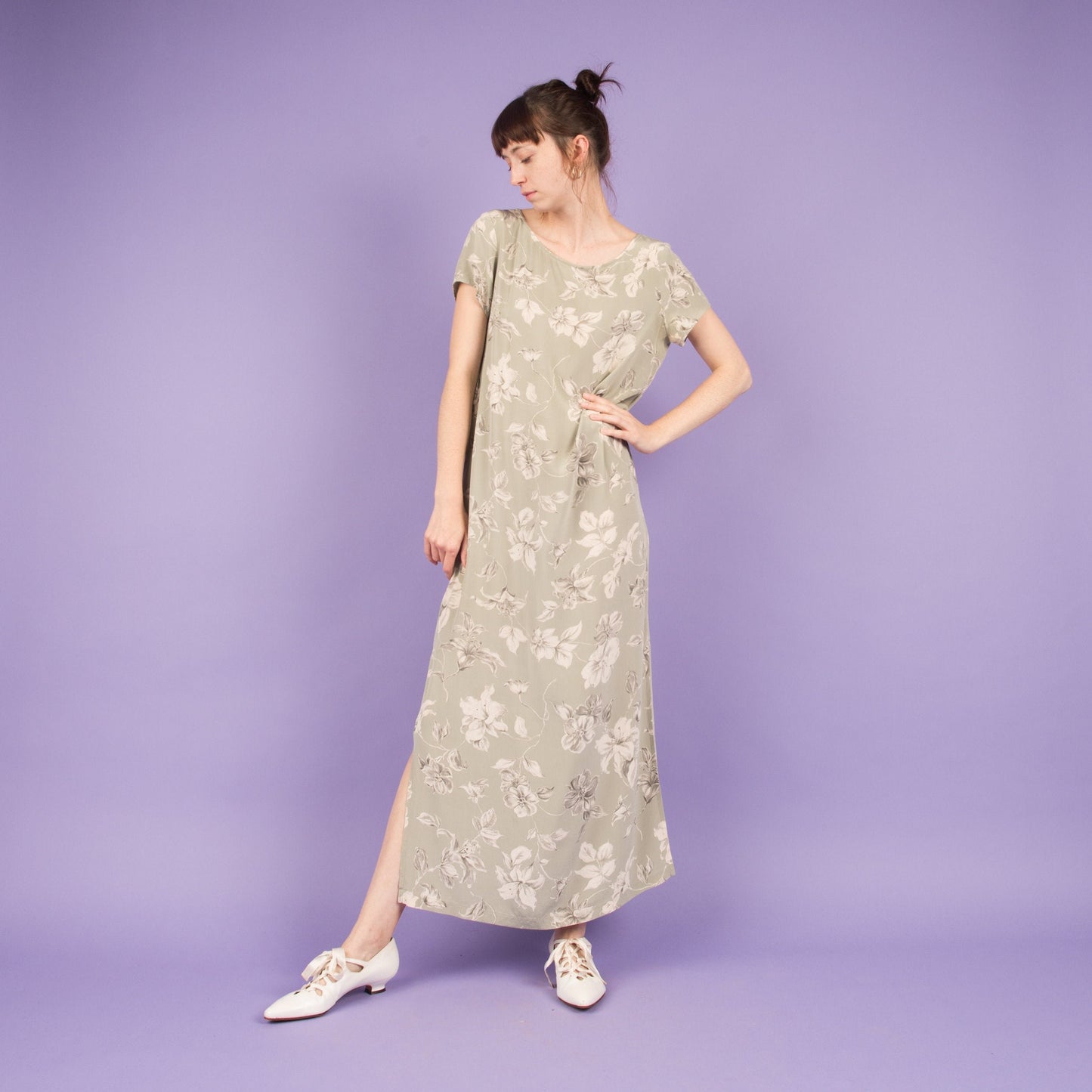 Vintage Mint + Creme Floral Silk Maxi Dress (S/M)
