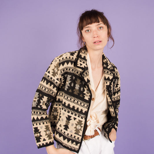 Vintage Beige + Black Geometric Tapestry Jacket / S/M