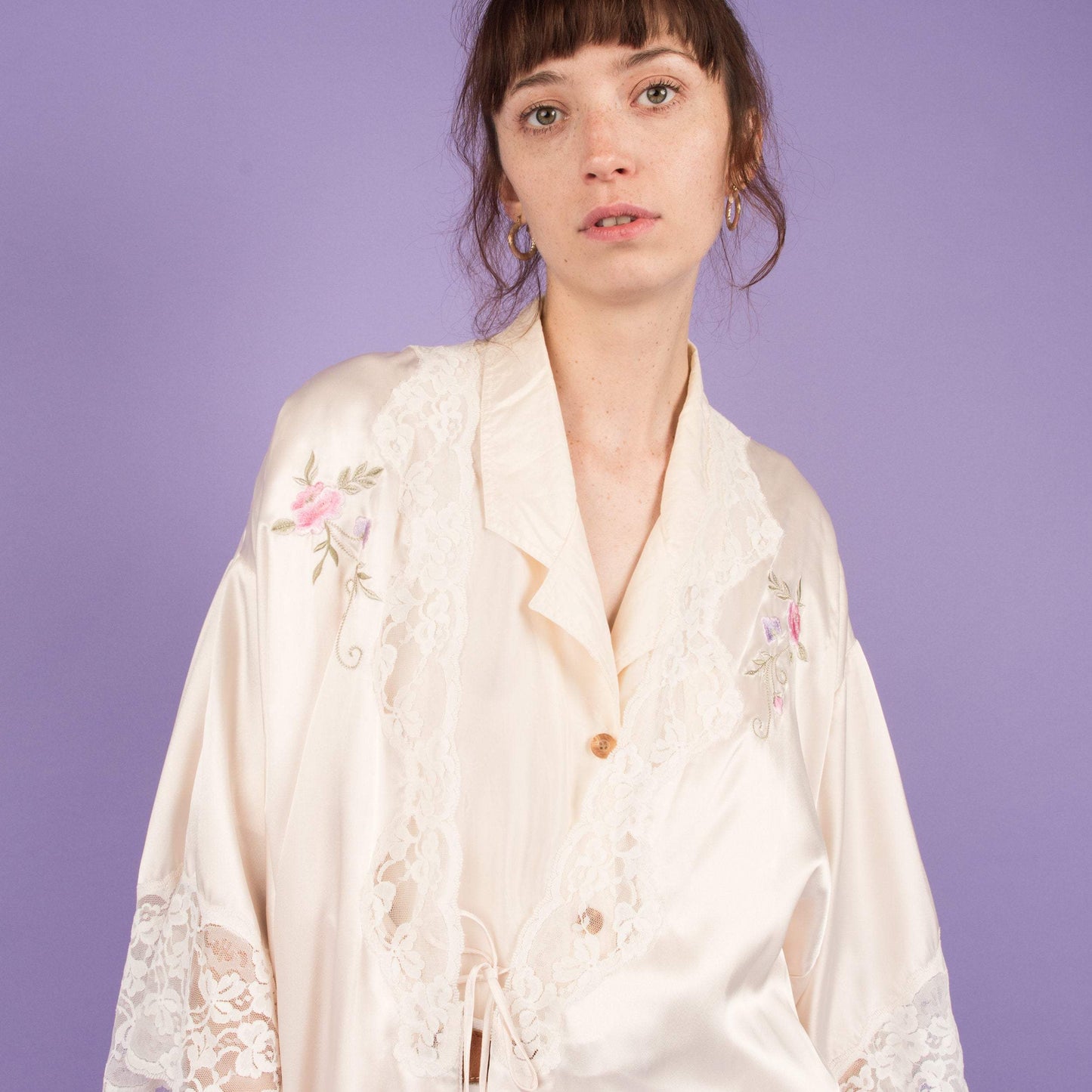 Vintage Creme Satin Lace + Floral Details Duster (S-L)