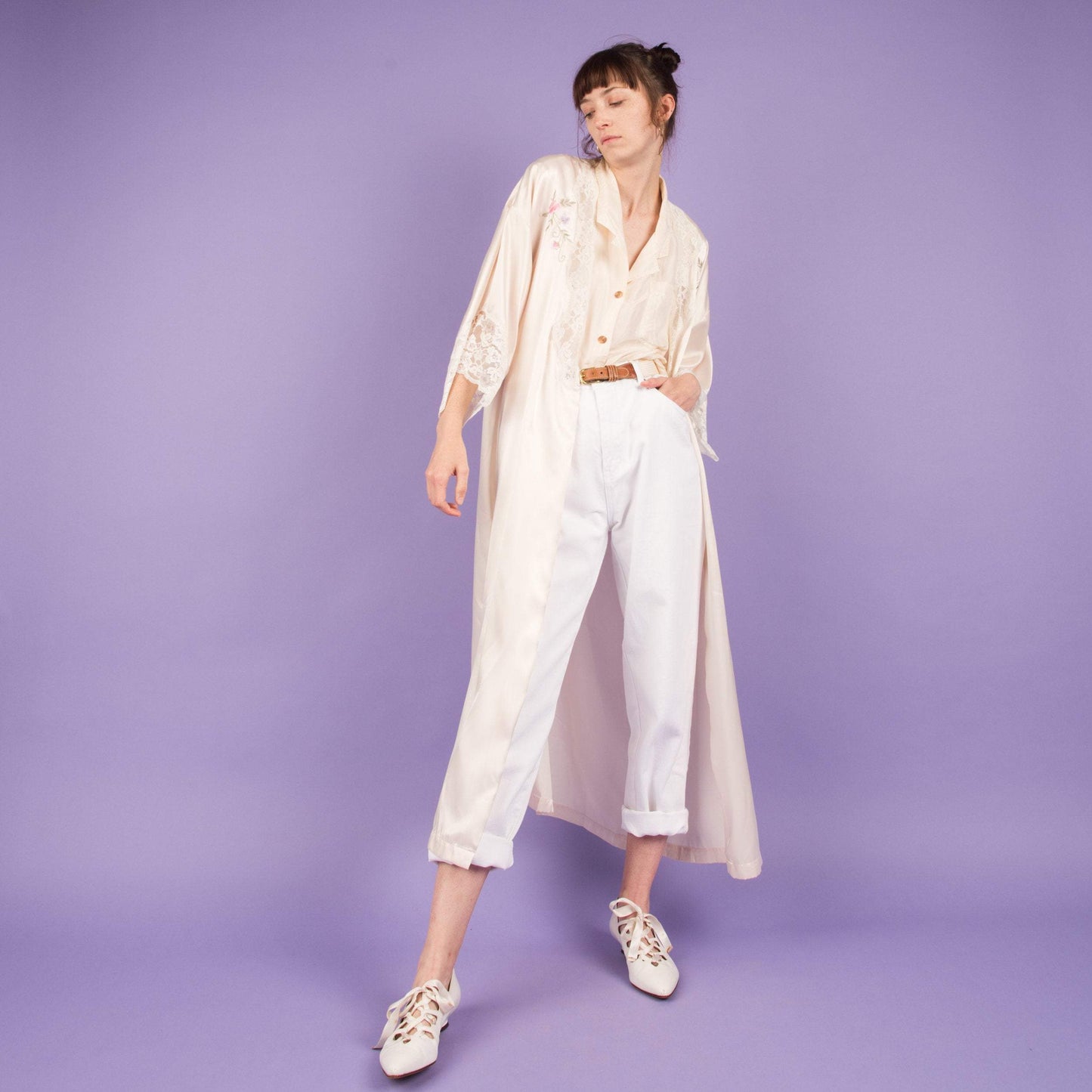 Vintage Creme Satin Lace + Floral Details Duster (S-L)