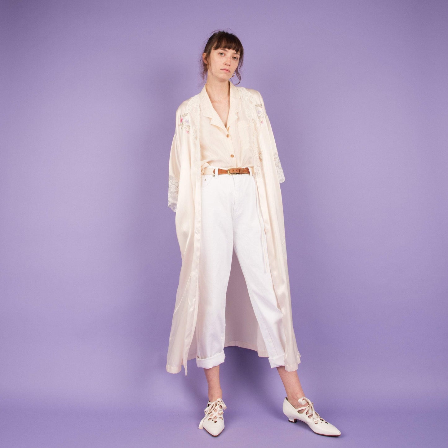 Vintage Creme Satin Lace + Floral Details Duster (S-L)
