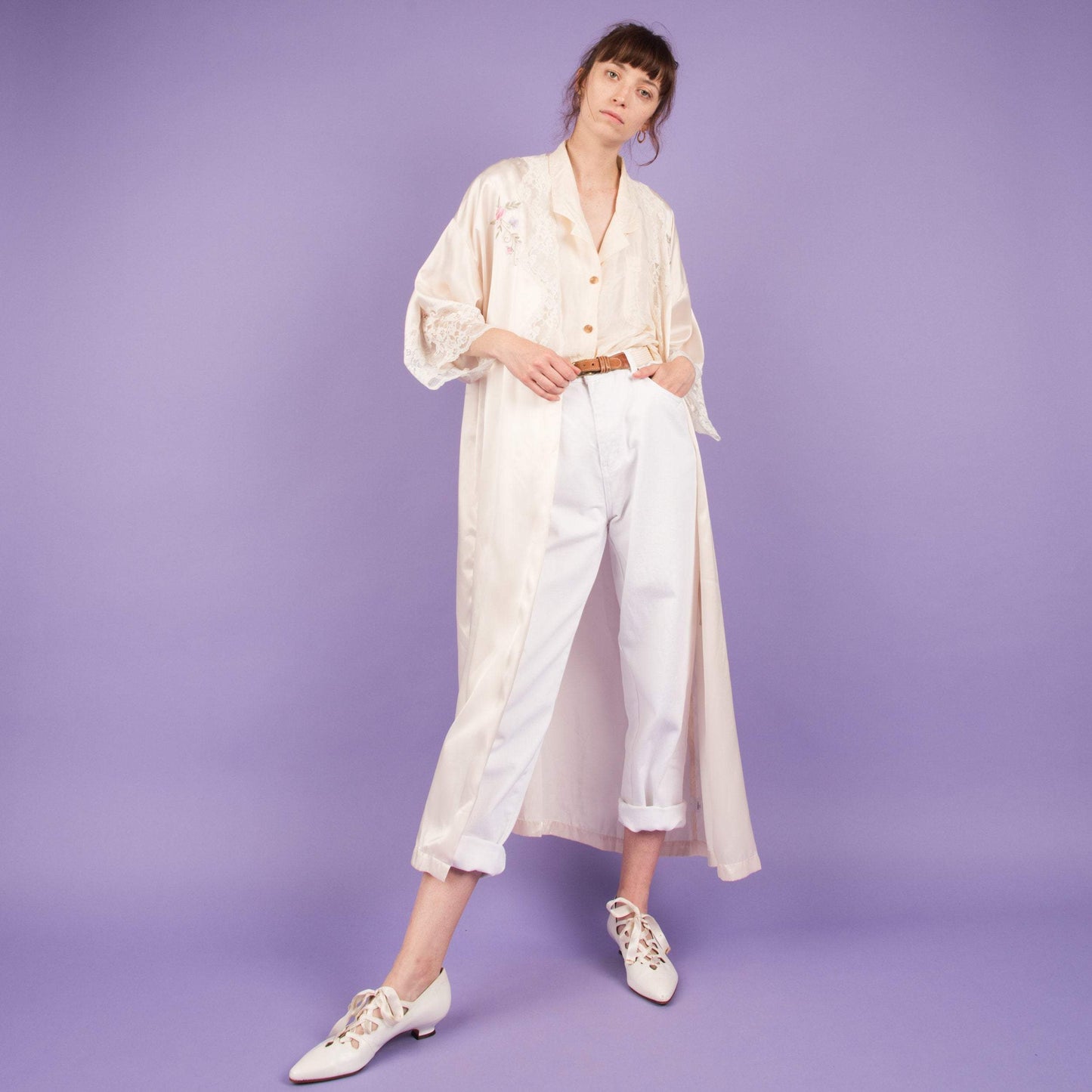 Vintage Creme Satin Lace + Floral Details Duster (S-L)