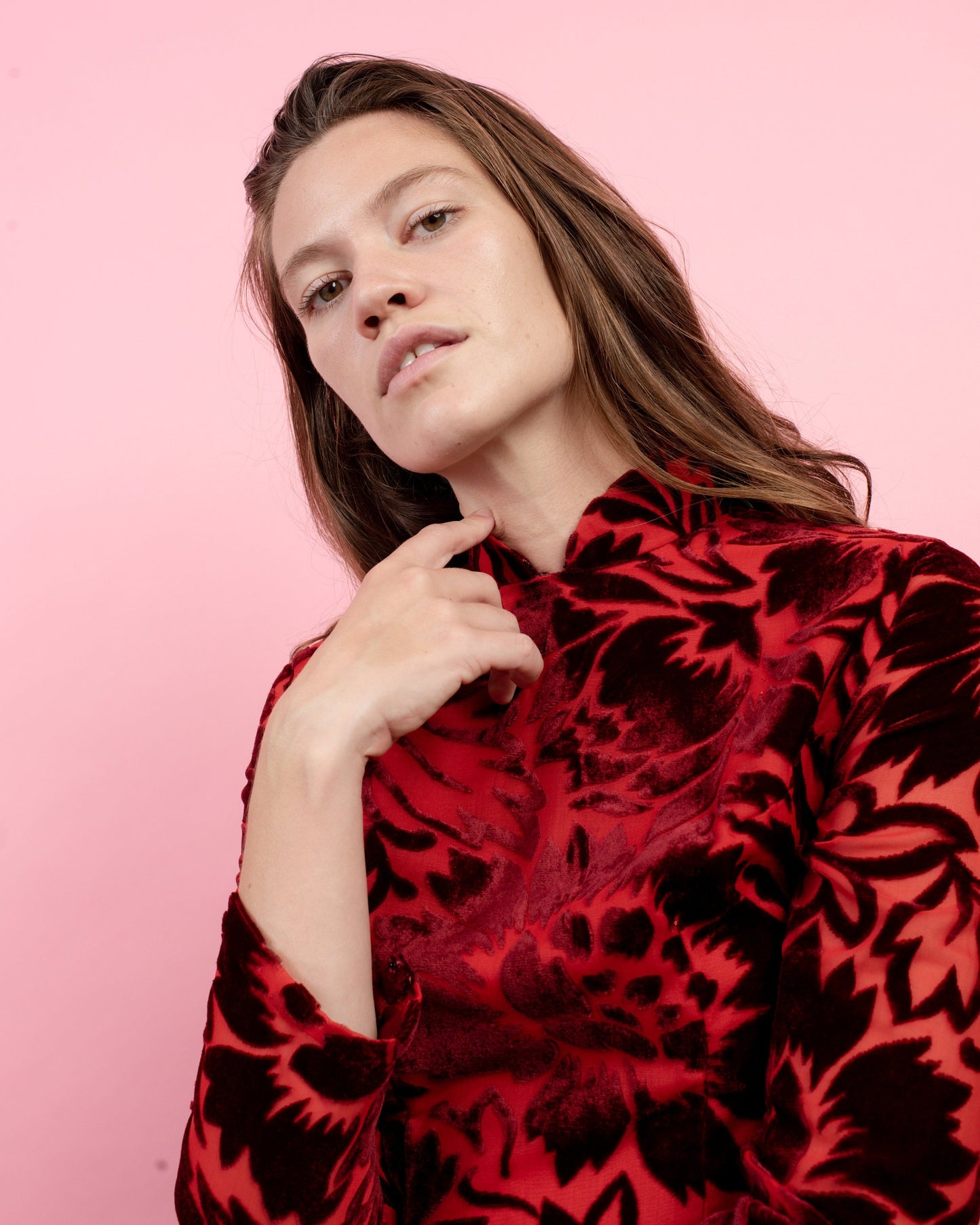 Vintage 60s Red Floral Flocked Velvet Maxi Dress (M) - Closed Caption | Shop Vintage + Handmade. Always Sustainable. Never Wasteful.