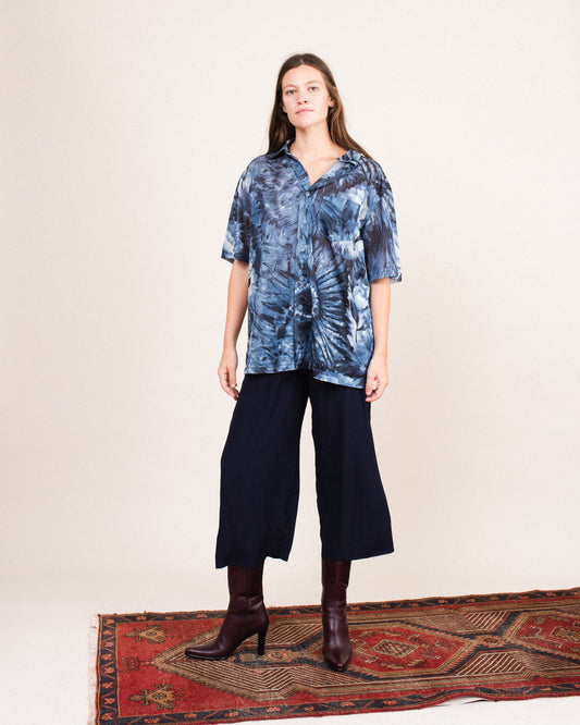 Vintage Oversized Y2K Mesh Tie Dye Floral Button-Up / S/M