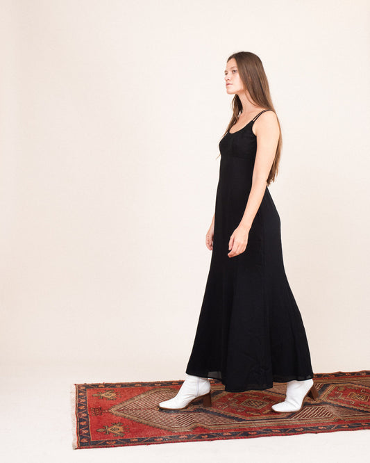 Vintage Black Embroidered Maxi Slip Dress / S