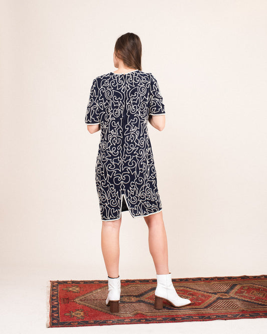 Vintage Floral Silk Beaded Dress / S/M