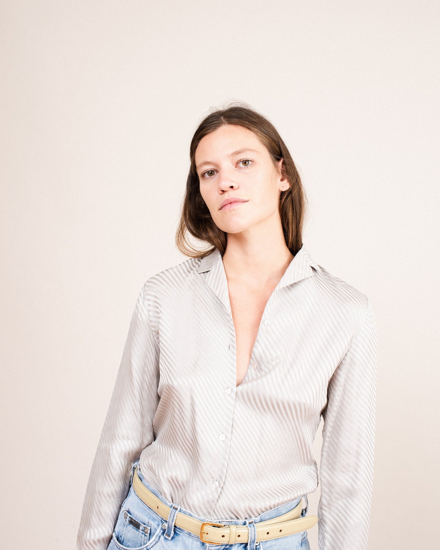 Vintage Silver Striped Silk Satin Blouse / S