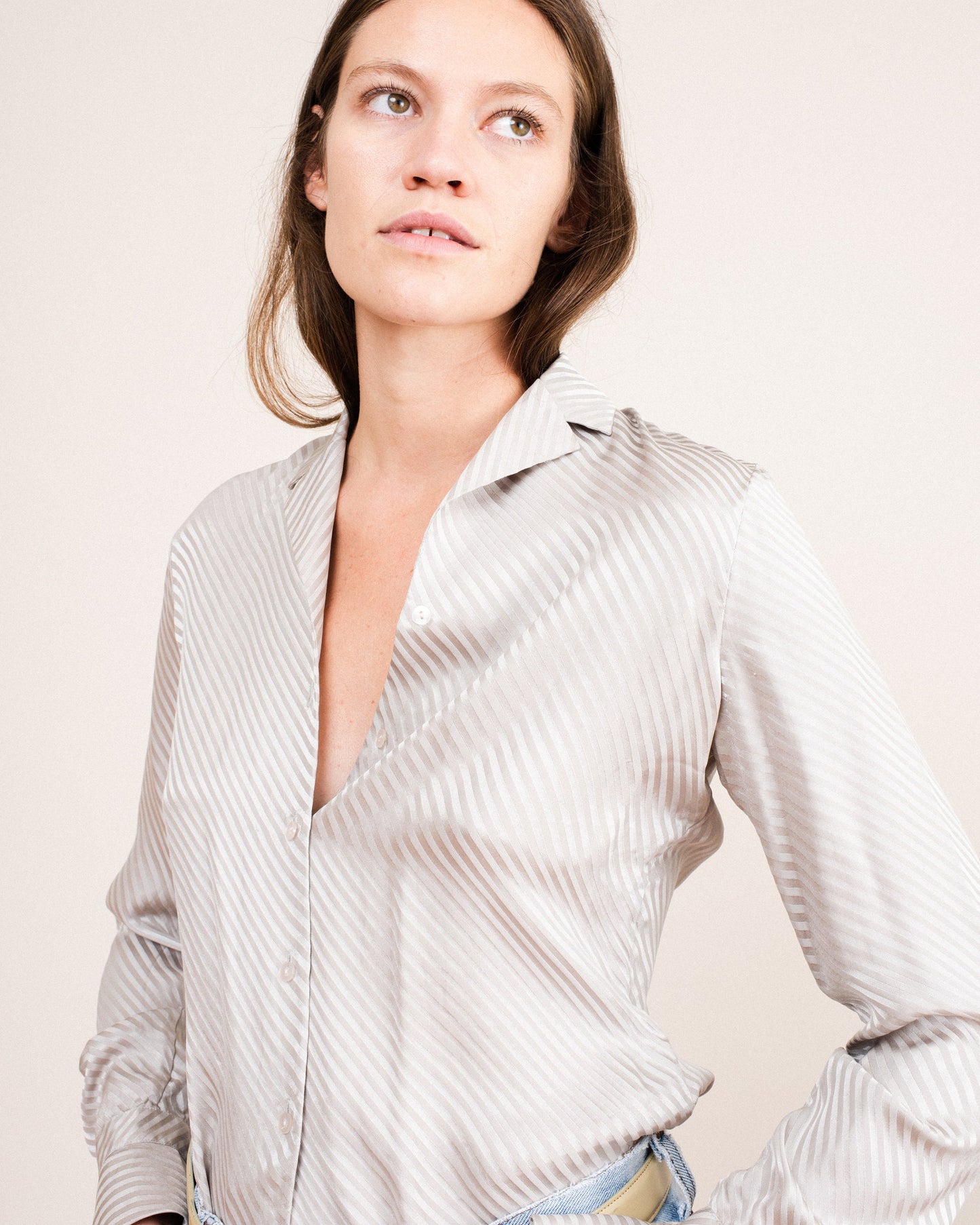 Vintage Silver Striped Silk Satin Blouse / S