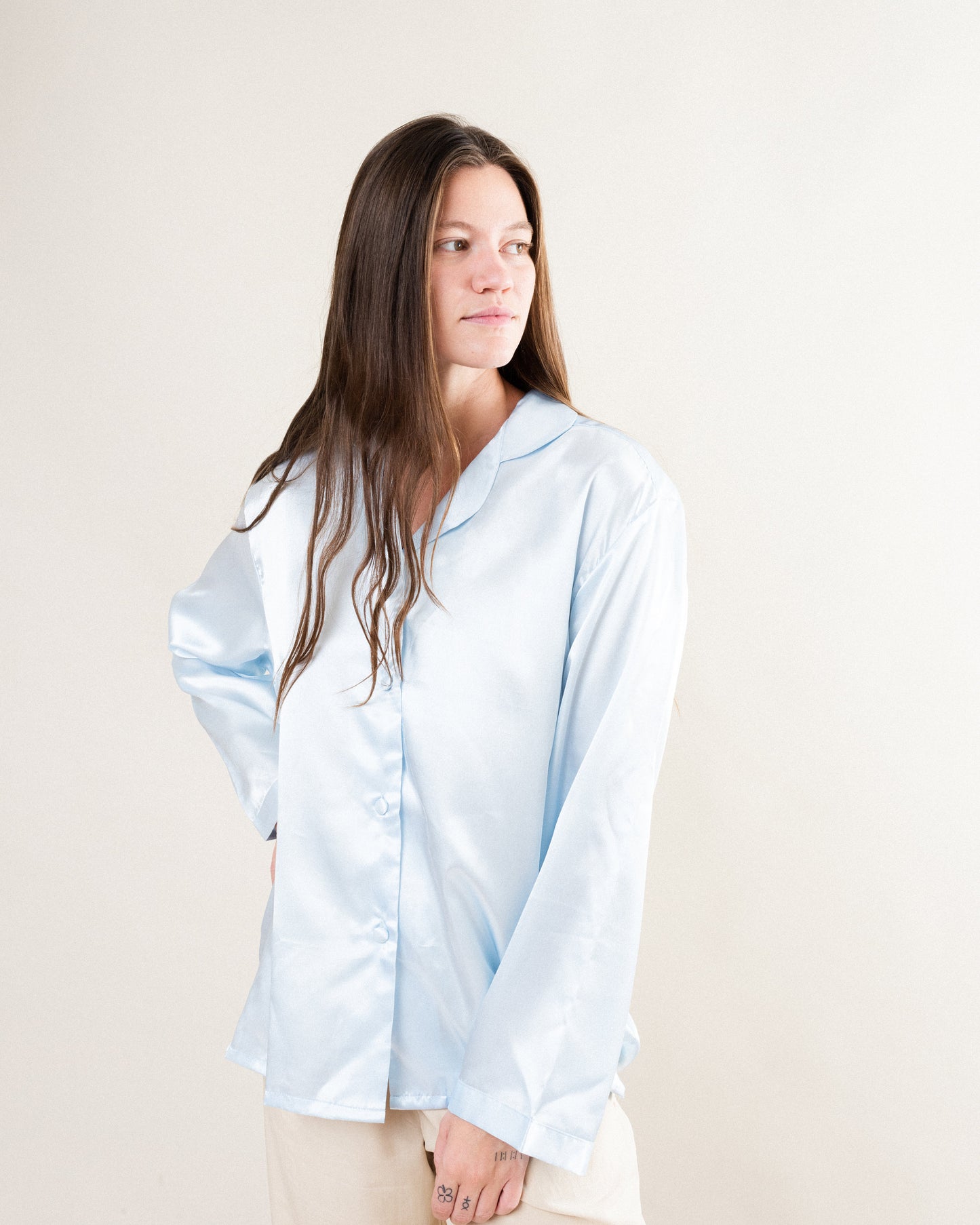 Vintage Baby Blue Pure Silk Satin Blouse / S/M