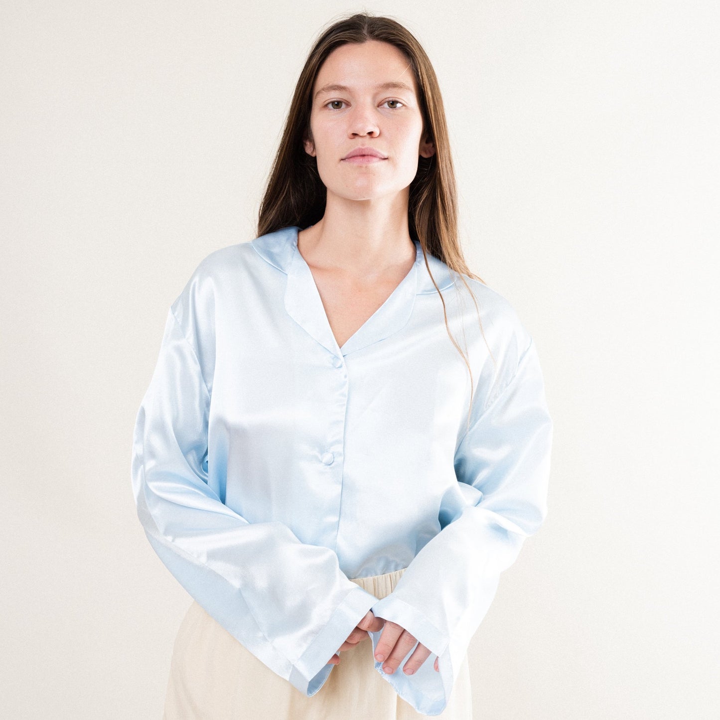 Vintage Baby Blue Pure Silk Satin Blouse / S/M