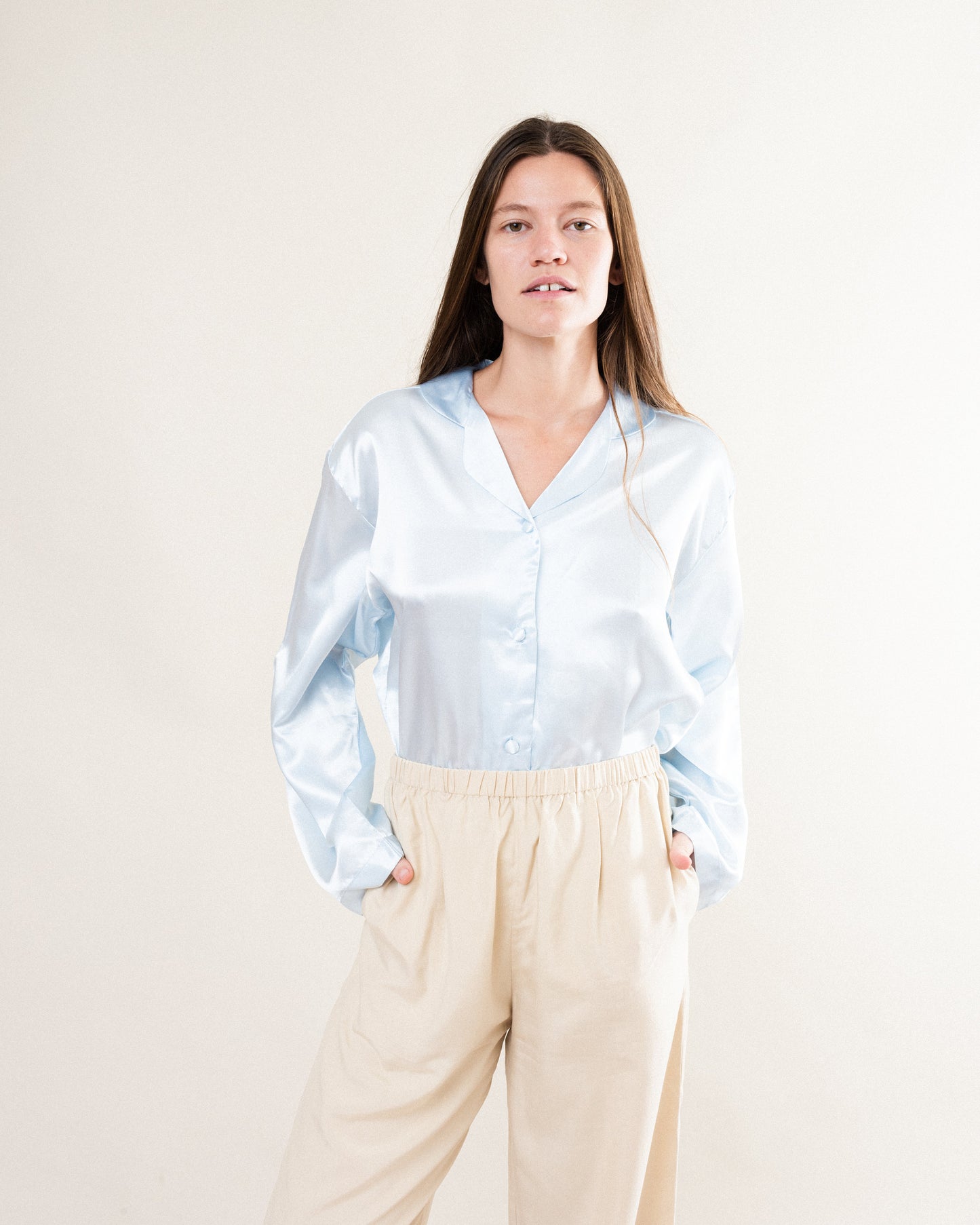 Vintage Baby Blue Pure Silk Satin Blouse / S/M
