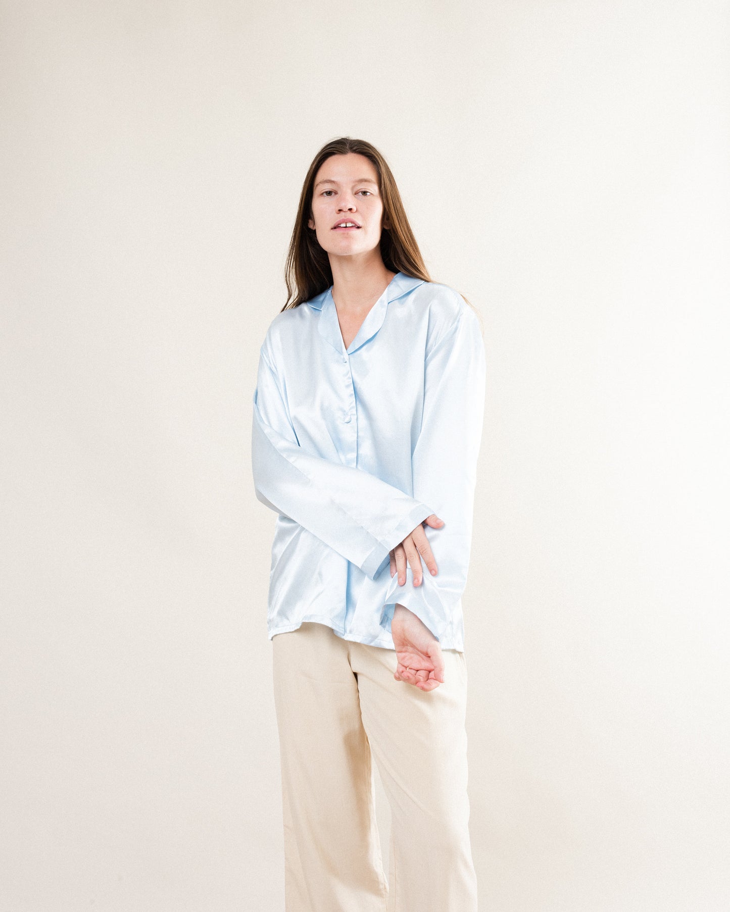Vintage Baby Blue Pure Silk Satin Blouse / S/M