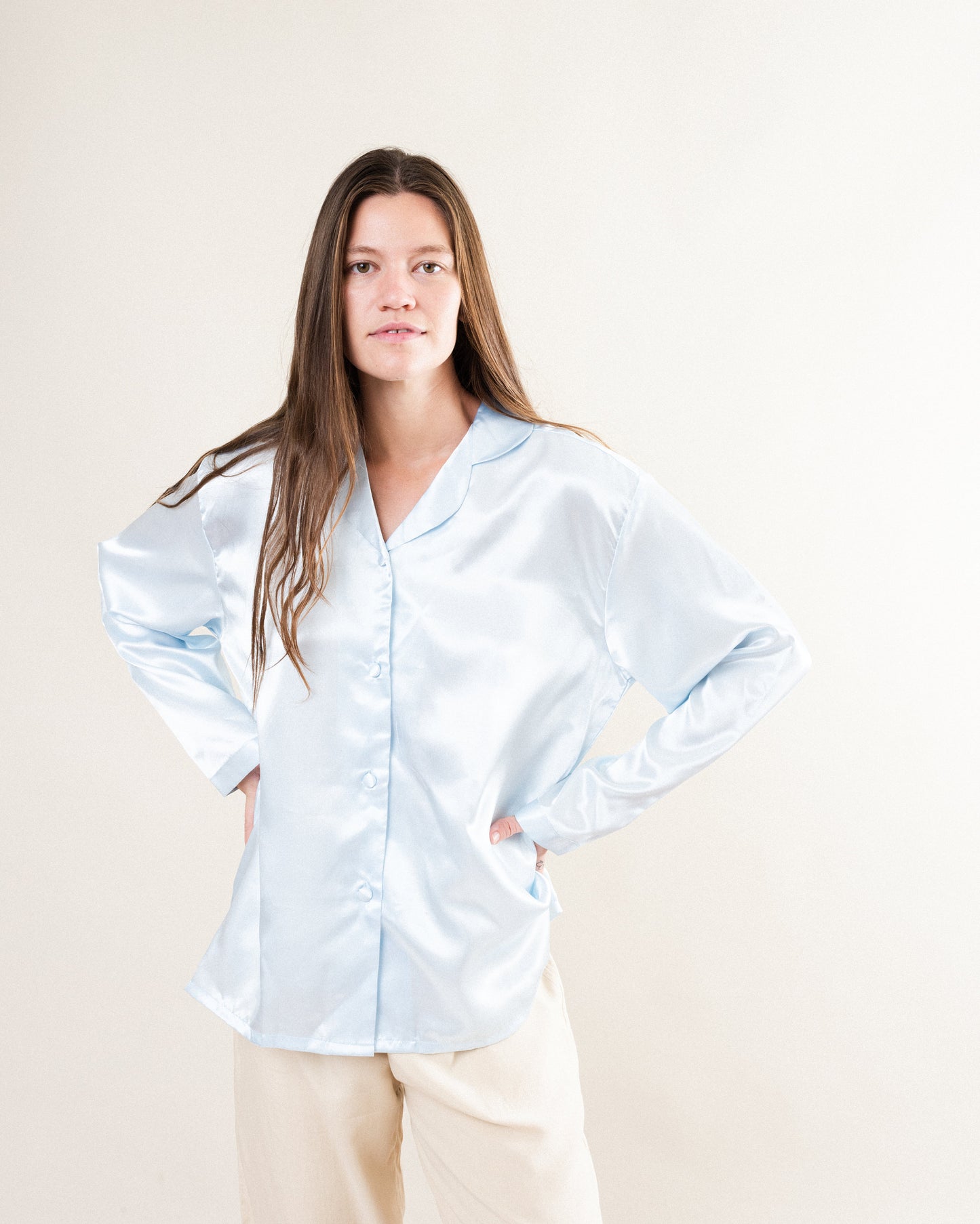 Vintage Baby Blue Pure Silk Satin Blouse / S/M