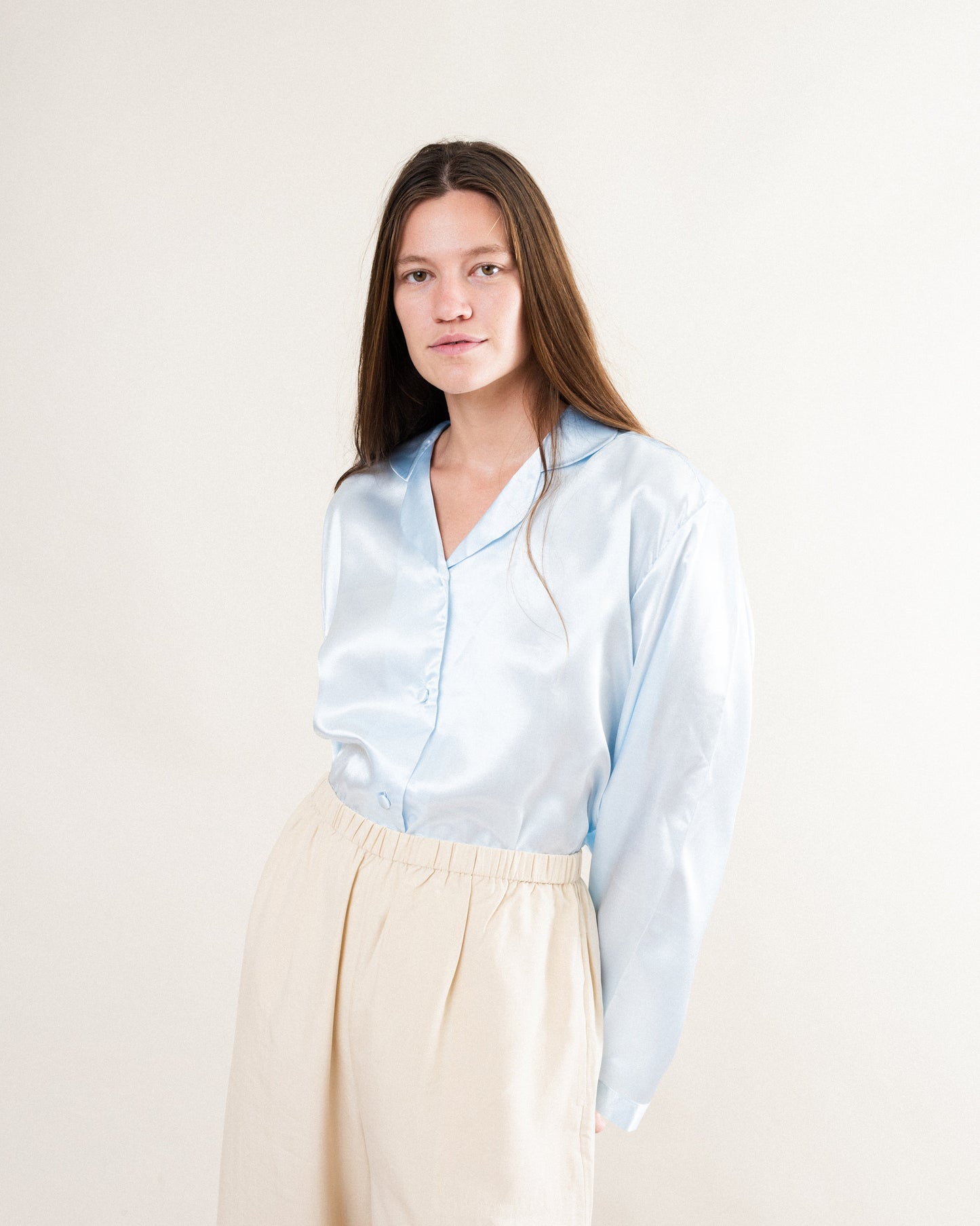 Vintage Baby Blue Pure Silk Satin Blouse / S/M