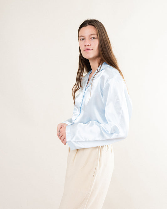Vintage Baby Blue Pure Silk Satin Blouse / S/M