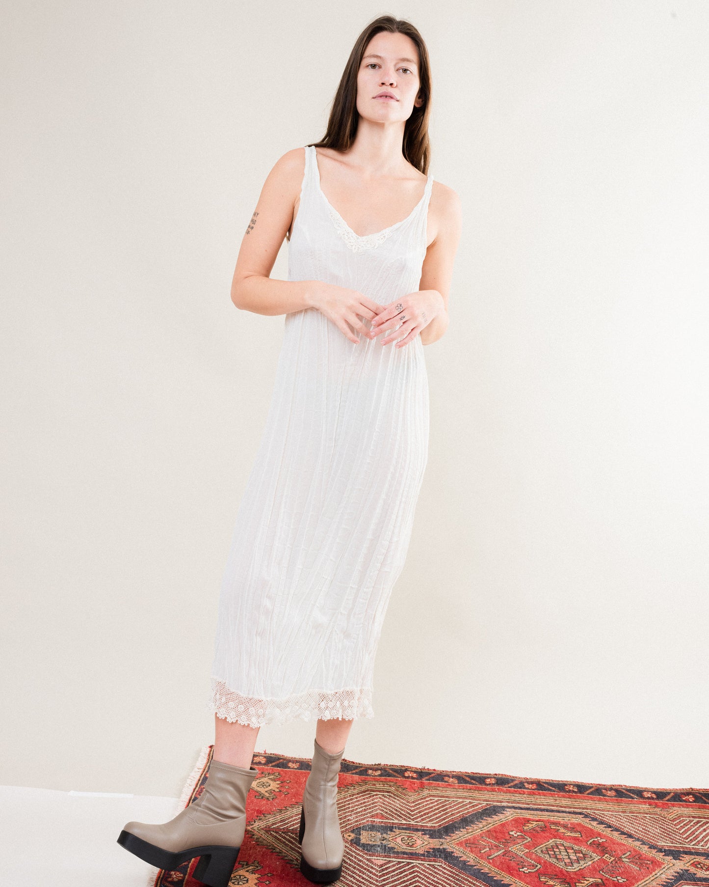 Vintage White Crinkle Slip Dress / S
