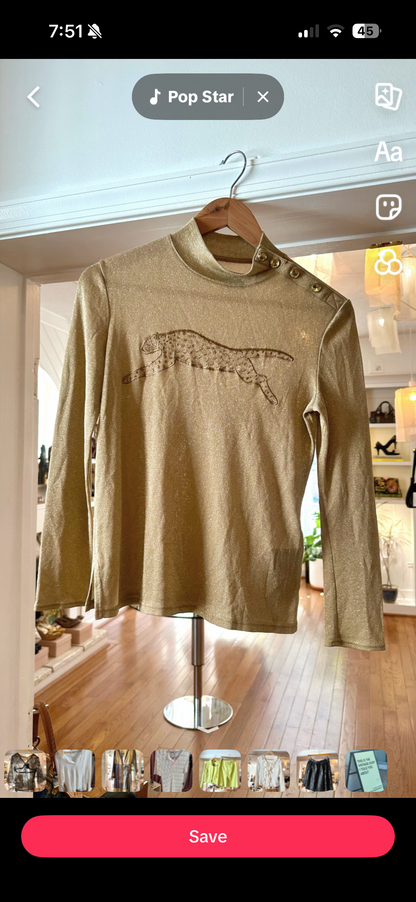 90s ITARIYA ITALYA Gold Metallic Leopard Embroidered Top (S/M)