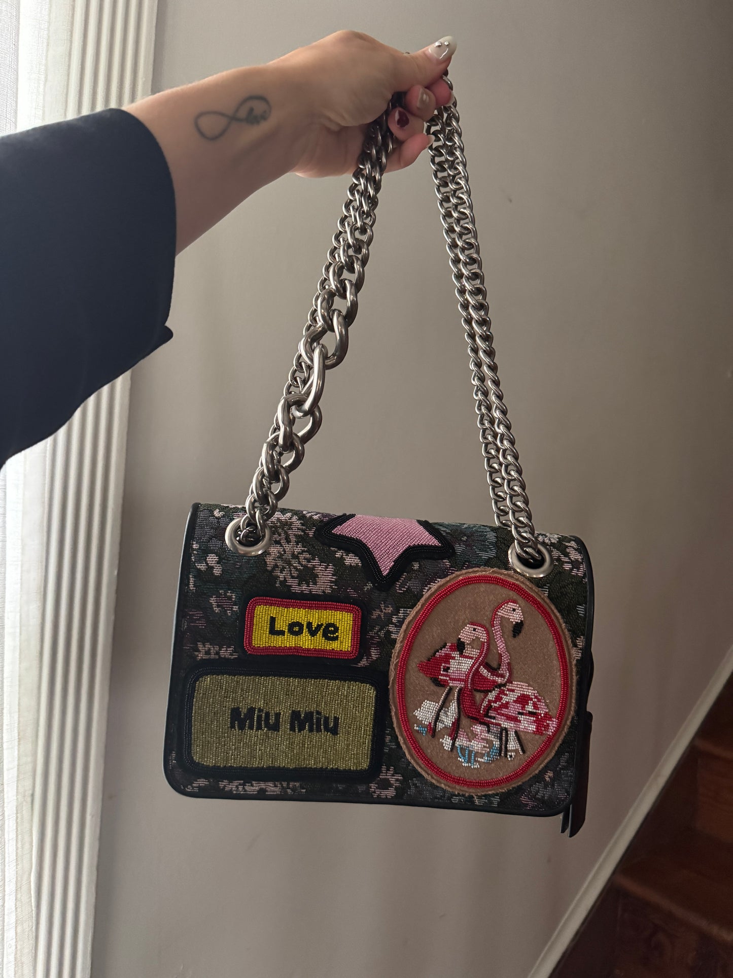 AW2016 MIU MIU Appliqued Floral Jacquard Club Shoulder Bag