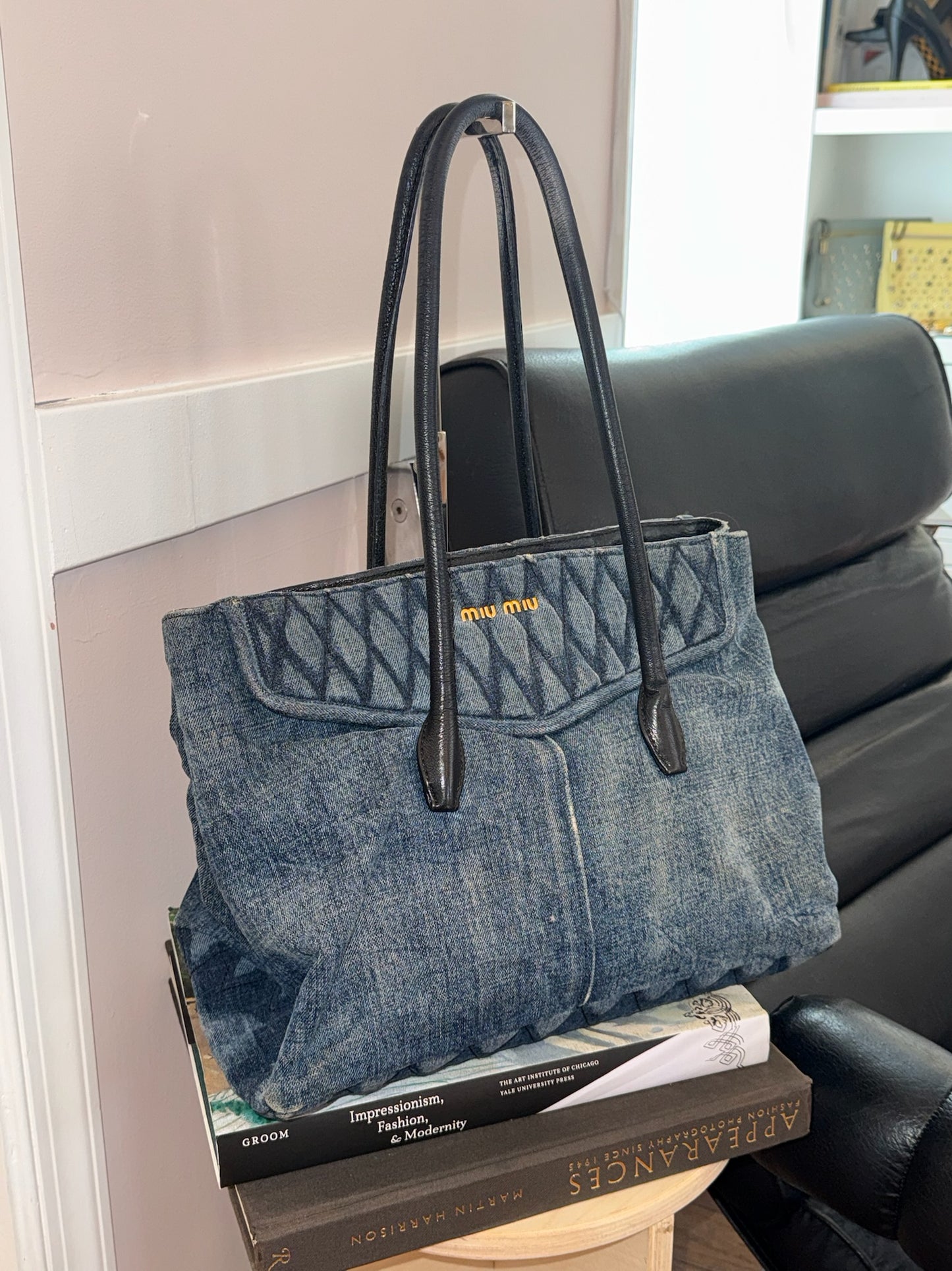 2000s MIU MIU Distressed Denim Biker Bag