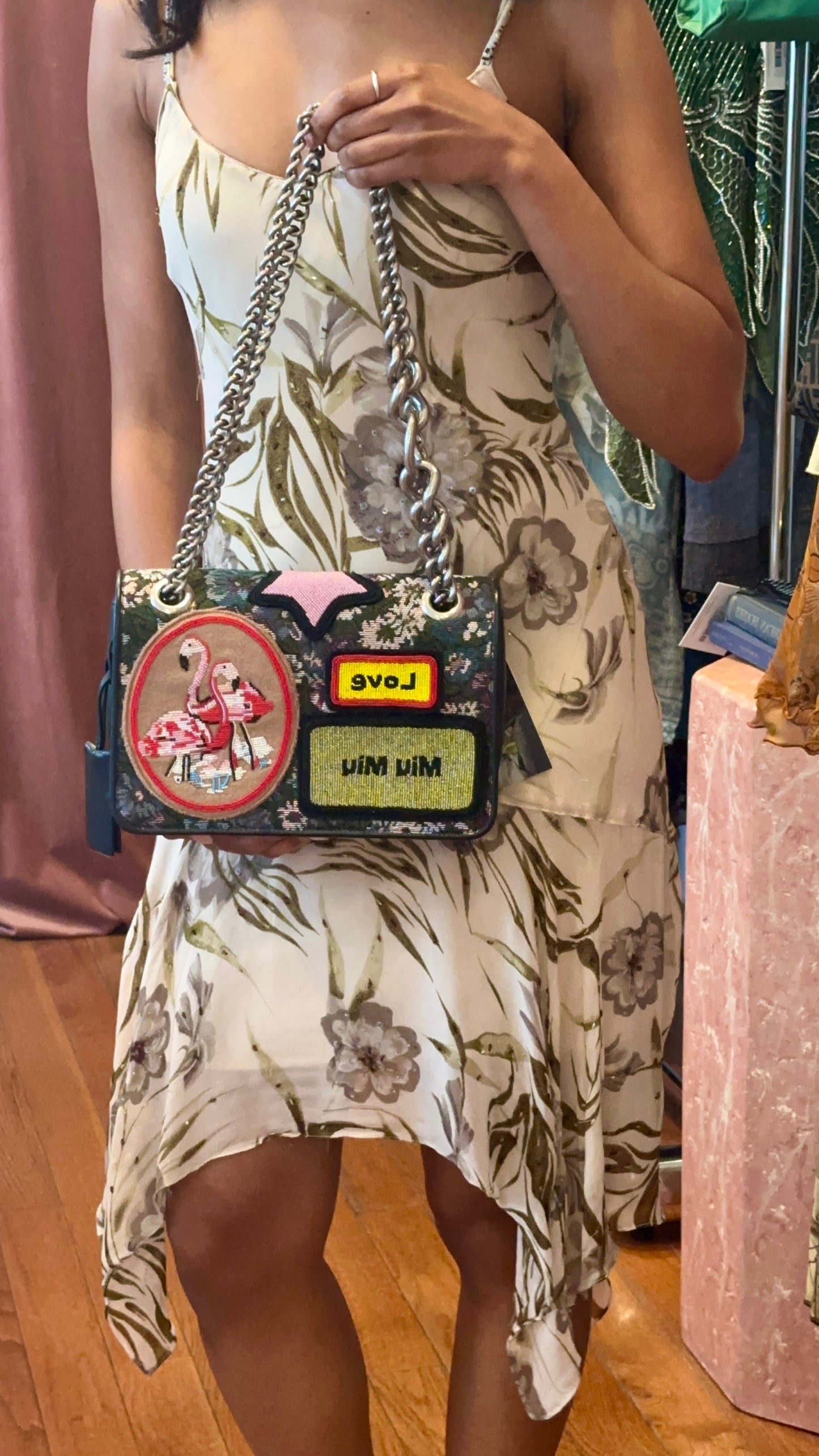AW2016 MIU MIU Appliqued Floral Jacquard Club Shoulder Bag