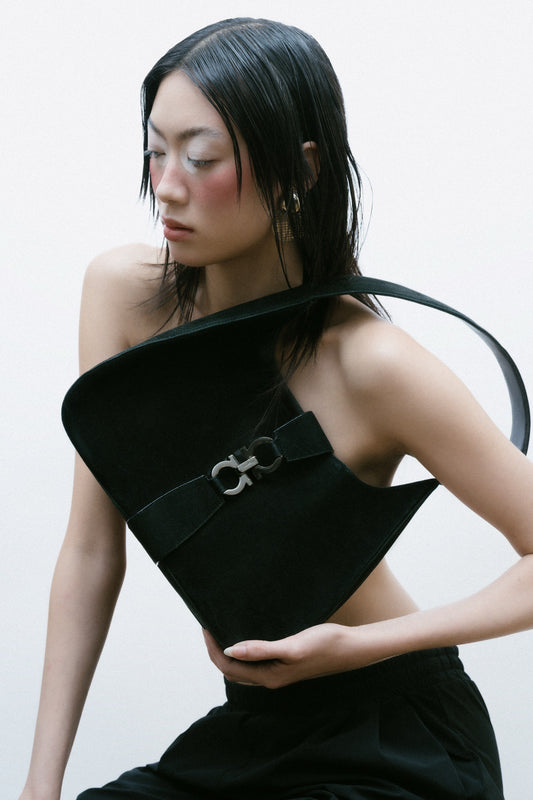 90s SALVATORE FERRAGAMO Black Suede Gancini Shoulder Bag
