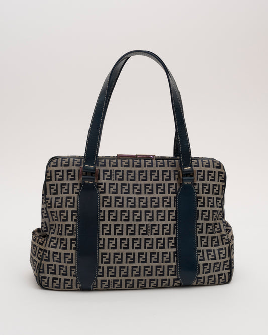 90s Rare FENDI Navy Zucchino Kiss Lock Bag