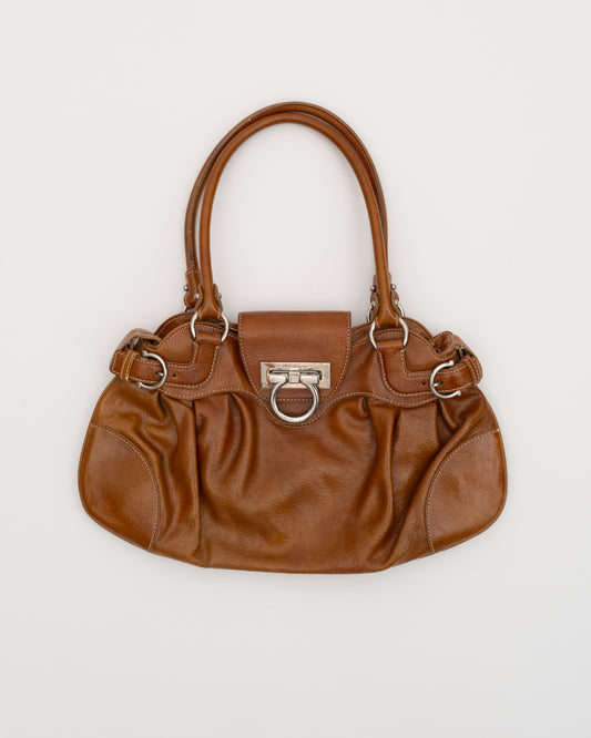 2000s SALVATORE FERRAGAMO Tan Gancini Patent Leather Bag