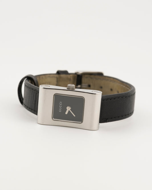 90s GUCCI 2300L Silver & Black Leather Watch