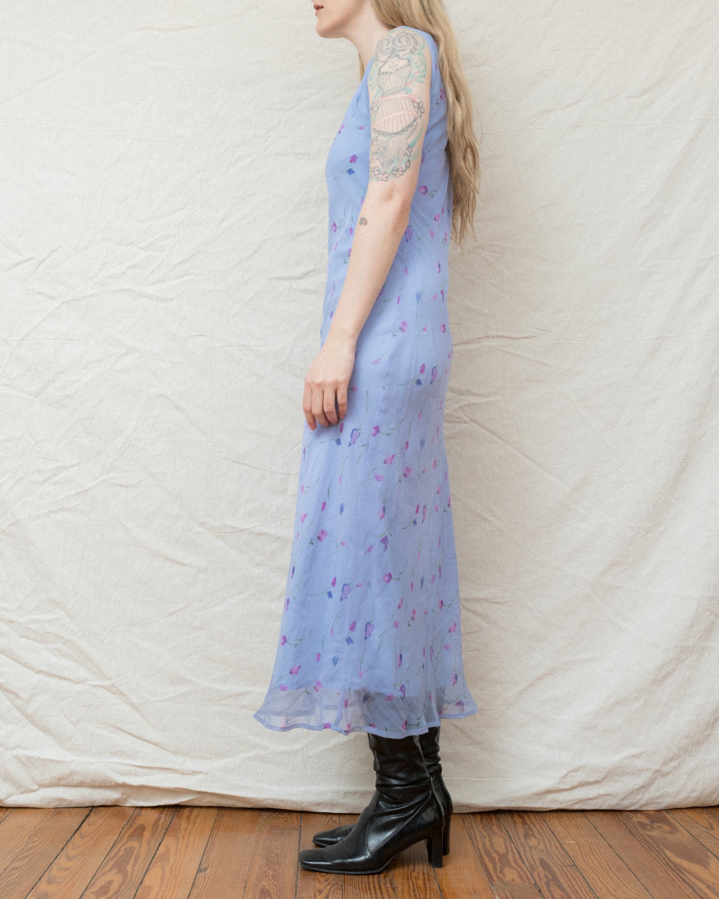 Vintage Lilac Blue Floral Chiffon Dress (S/M)