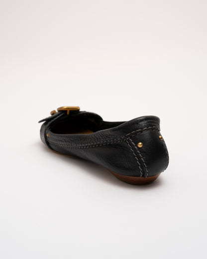 2000s CHLOE Black Leather Buckle Ballet Flats (37.5)