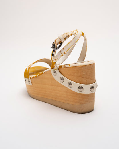 90s MIU MIU Mustard Floral Wood Platform Sandals (36)