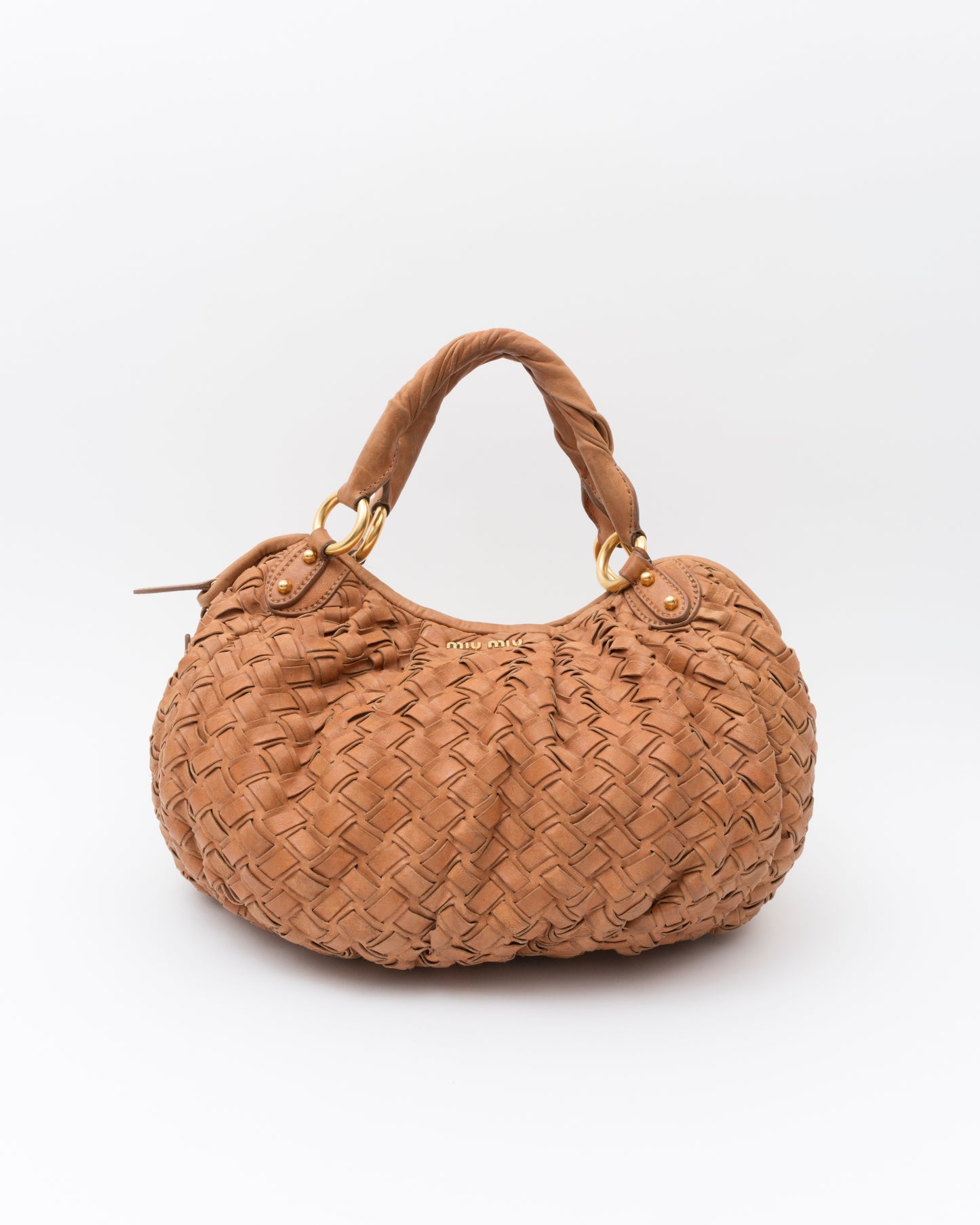 2000s MIU MIU Cognac Intrecciato Woven Leather Hobo Bag