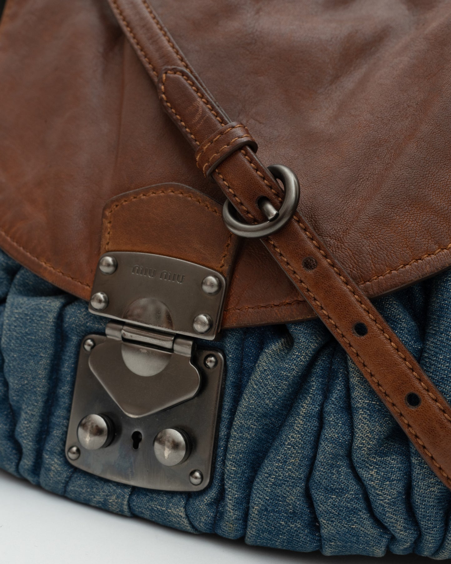 2000s MIU MIU Matelasse Denim+Brown Leather Two-Way Bag