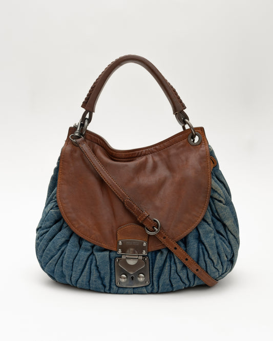 2000s MIU MIU Matelasse Denim+Brown Leather Two-Way Bag
