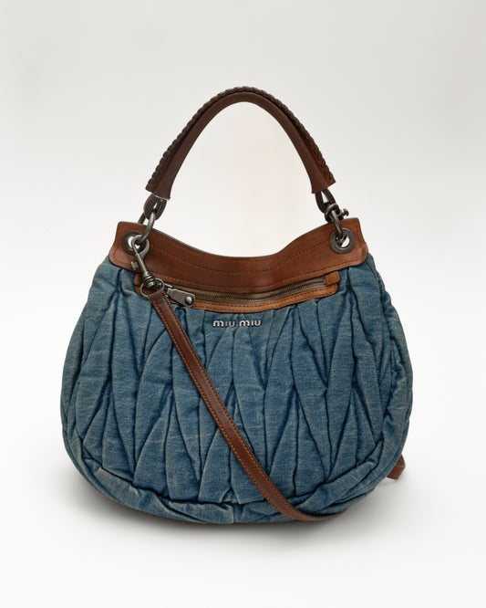 2000s MIU MIU Matelasse Denim+Brown Leather Two-Way Bag
