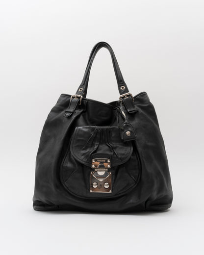 2000s MIU MIU Black Vitello Lux Front Pocket Hobo Bag