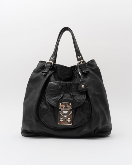2000s MIU MIU Black Vitello Lux Front Pocket Hobo Bag