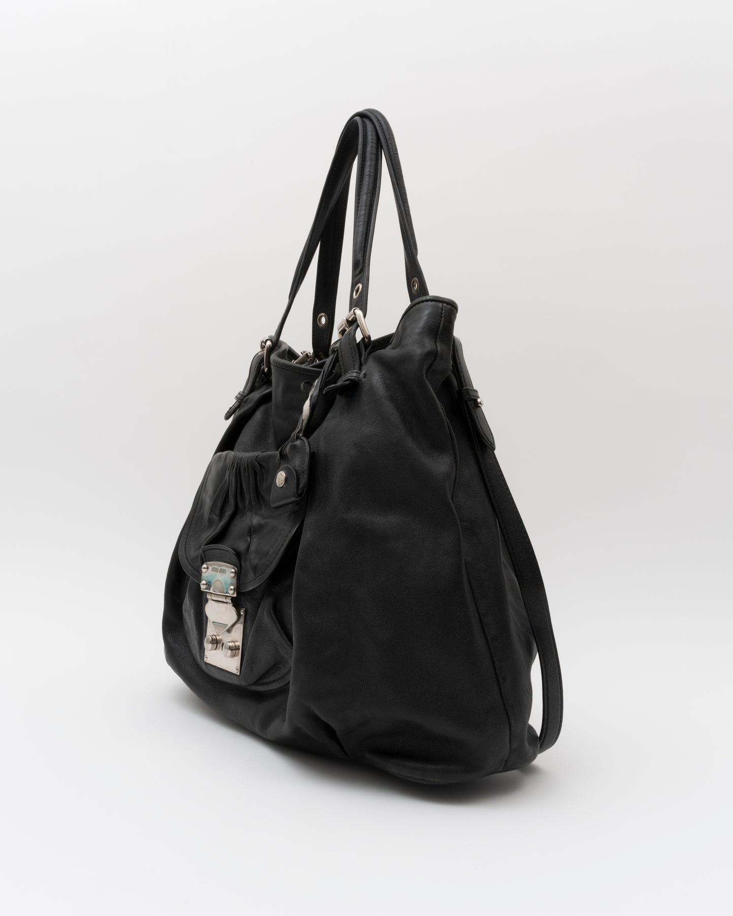 2000s MIU MIU Black Vitello Lux Front Pocket Hobo Bag