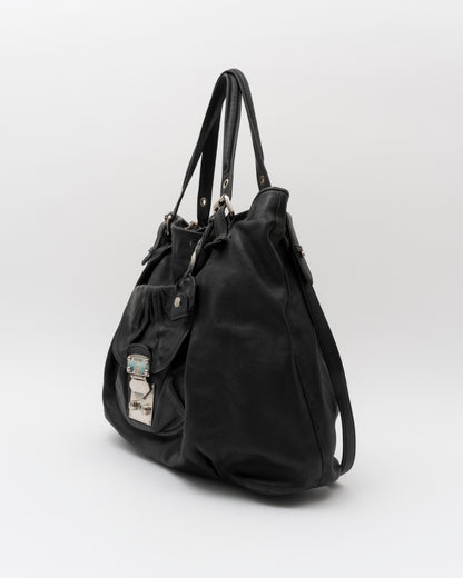 2000s MIU MIU Black Vitello Lux Front Pocket Hobo Bag
