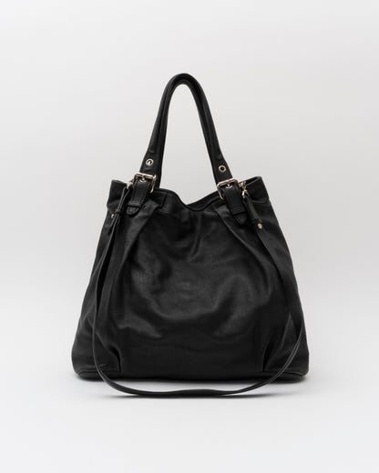2000s MIU MIU Black Vitello Lux Front Pocket Hobo Bag