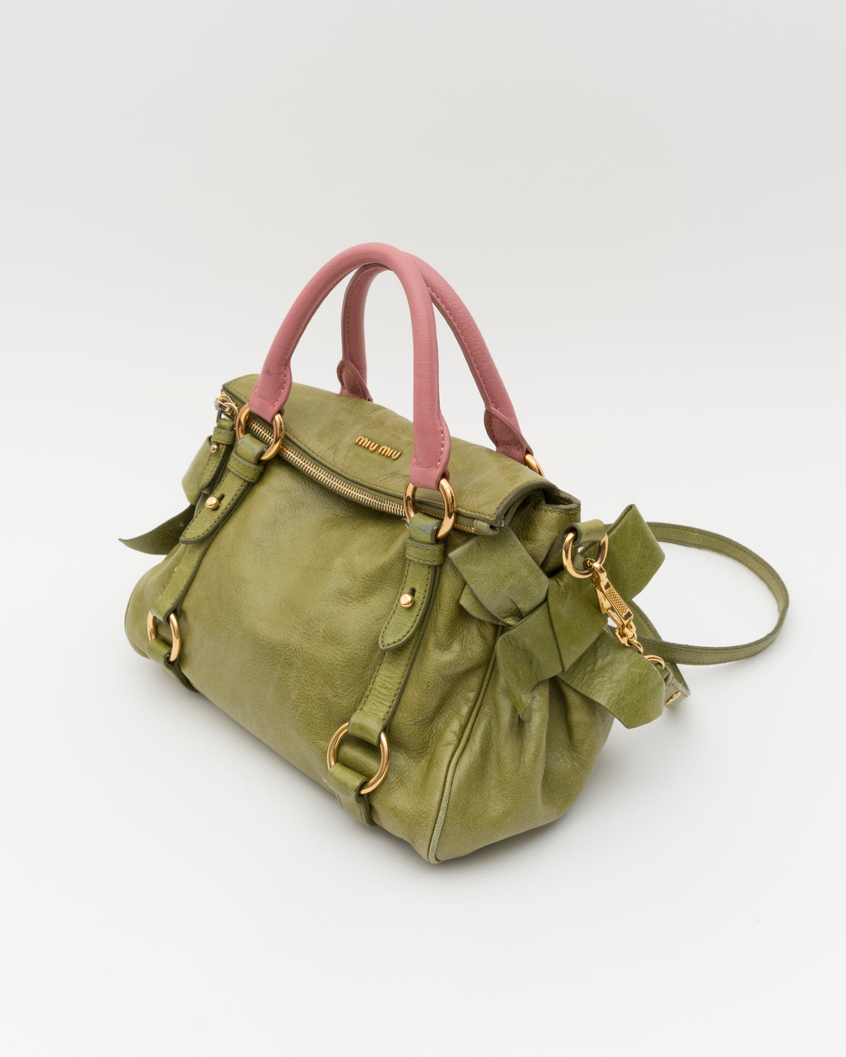 2000s MIU MIU Strawberry Matcha Reworked Vitello Lux Bow Bag