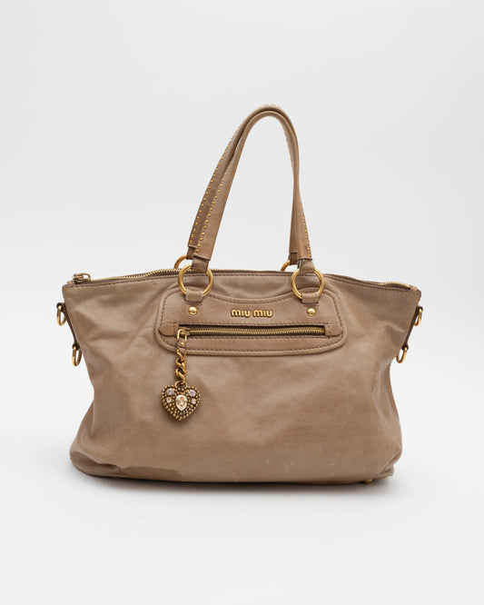 2000s MIU MIU Tan Vitello Leather Bag w/Heart Charm