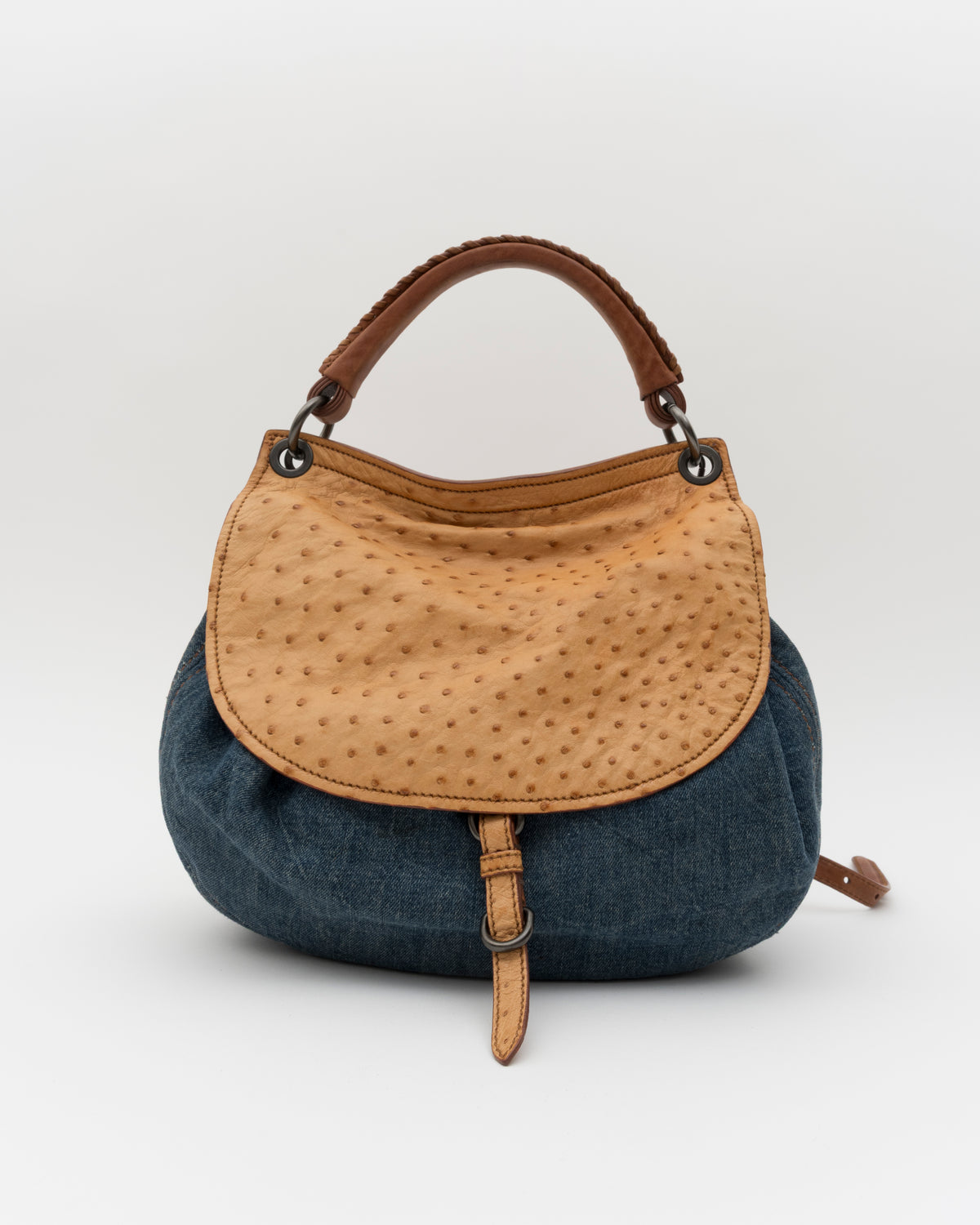 2000s MIU MIU Two Tone Blue Jean & Beige Ostrich Hobo Bag