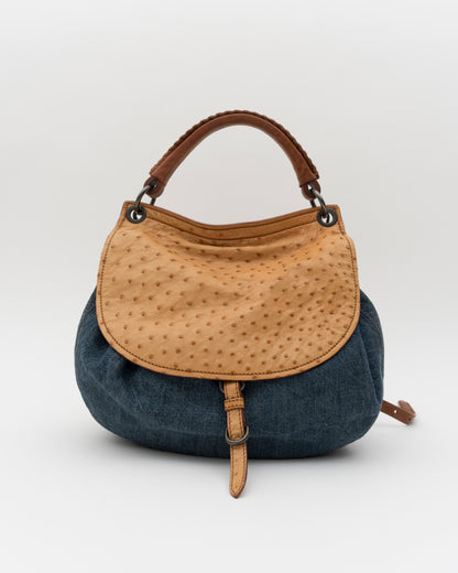 2000s MIU MIU Two Tone Blue Jean & Beige Ostrich Hobo Bag
