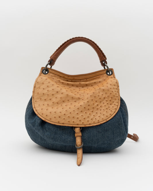 2000s MIU MIU Two Tone Blue Jean & Beige Ostrich Hobo Bag