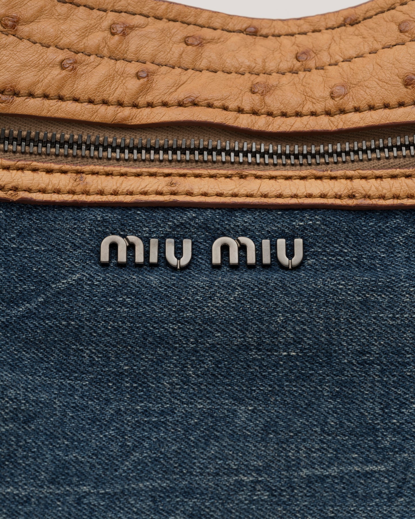 2000s MIU MIU Two Tone Blue Jean & Beige Ostrich Hobo Bag