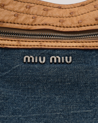 2000s MIU MIU Two Tone Blue Jean & Beige Ostrich Hobo Bag