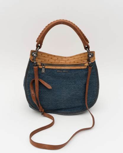 2000s MIU MIU Two Tone Blue Jean & Beige Ostrich Hobo Bag