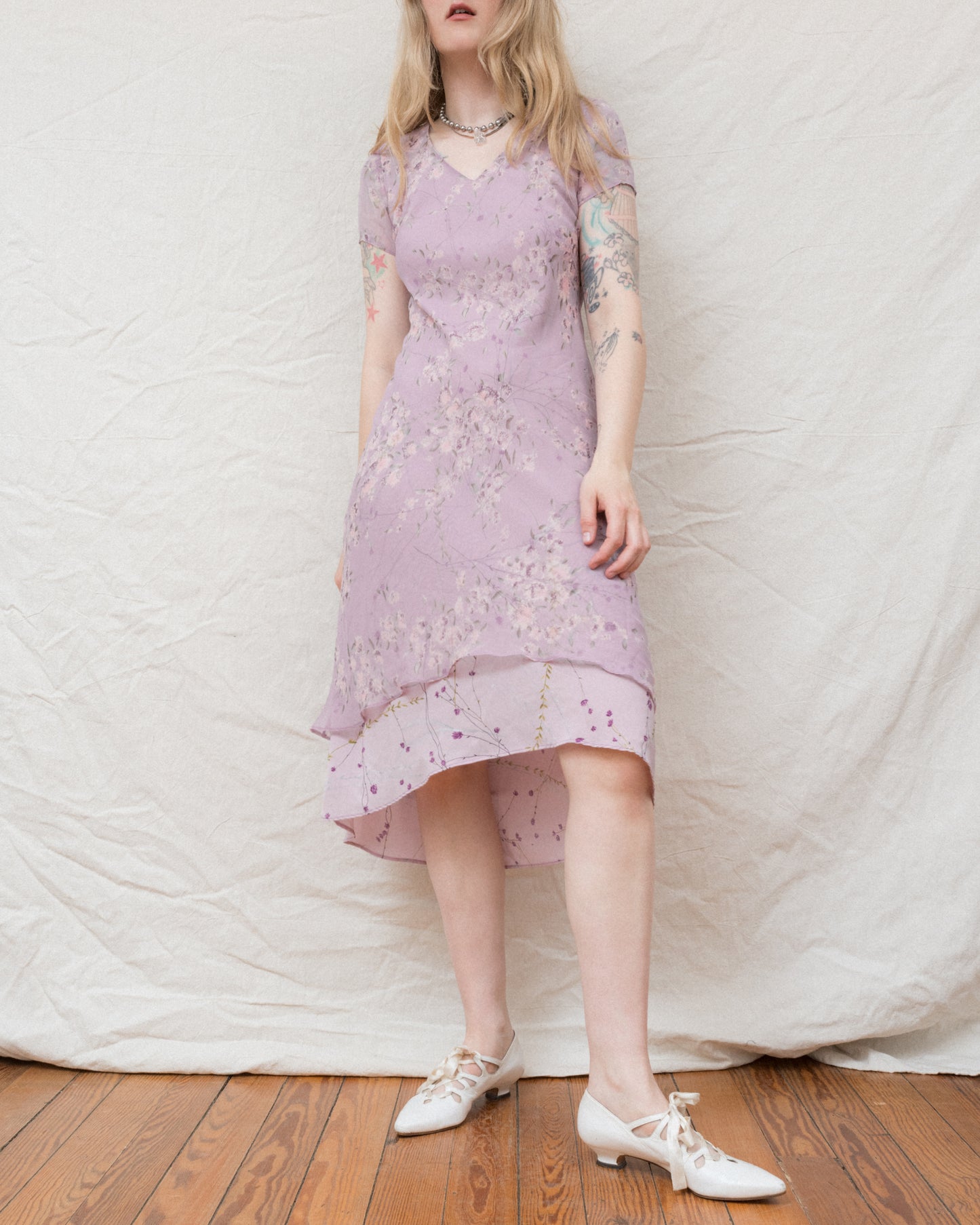 Vintage Lilac Floral Chiffon Dress (S/M)